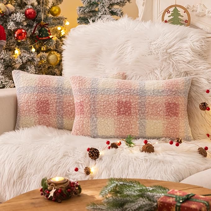 AQOTHES Pink White Plaid Winter Throw Pillow Covers 12x20 Inch Set of 2, Boucle Faux Fur Pillow Covers,Cozy Fluffy Home Living Room Farmhouse Decor for Sofa Couch Bed