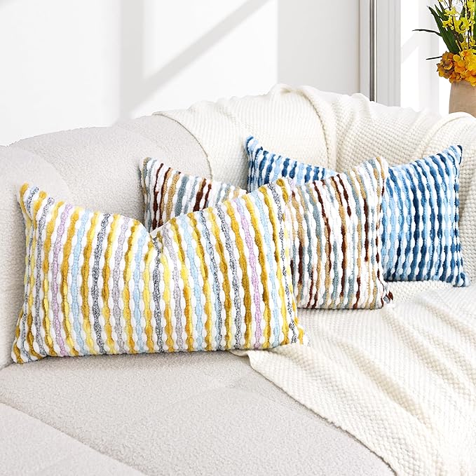 Boho Decorative Throw Pillow Covers 12x20 Inch, Chenille Tufted Pillow Cover Striped Textured Lumbar Farmhouse Accent Pillowcase for Couch Sofa Bedroom Living Room, Yellow White Stripe 2 Pack