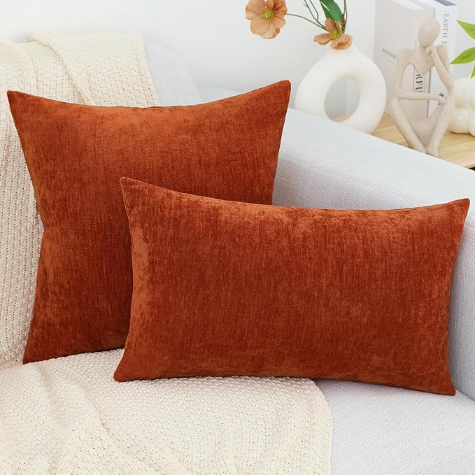 decorUhome Chenille Rust Fall Throw Pillow Covers 20x20 Inch Set of 2, Decorative Soft Couch Pillow Covers Solid Dyed Accent Velvet Farmhouse Neutral Square Pillow Cases for Sofa Bed Living Room