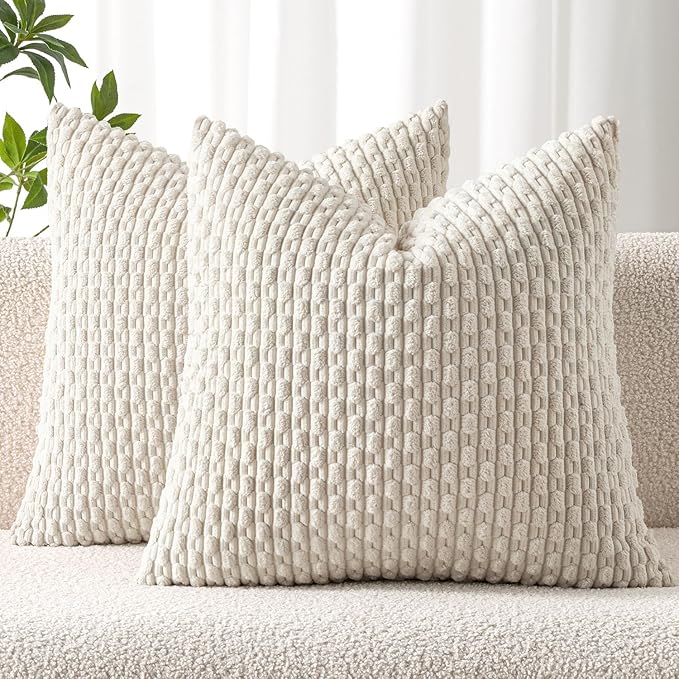 MIULEE Pack of 2 Decorative Throw Pillow Covers 16x16 Inch Soft Boho Striped Textured Corduroy Pillow Covers Modern Farmhouse Home Decor for Couch Bed Sofa Living Room Cream White