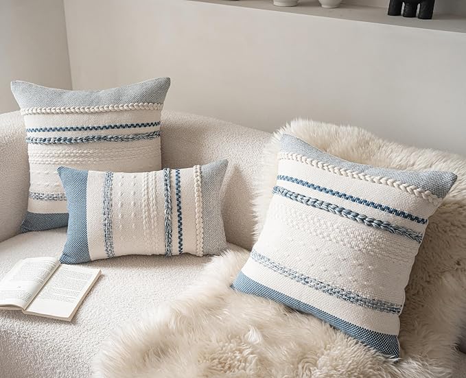 Boho Throw Pillow Covers 18x18 Inch Set of 2, Blue Textured Decorative Couch Pillow Cases for Farmhouse Home Decor, Accent Cushion Cover for Sofa, Bed, Living Room, Bedroom