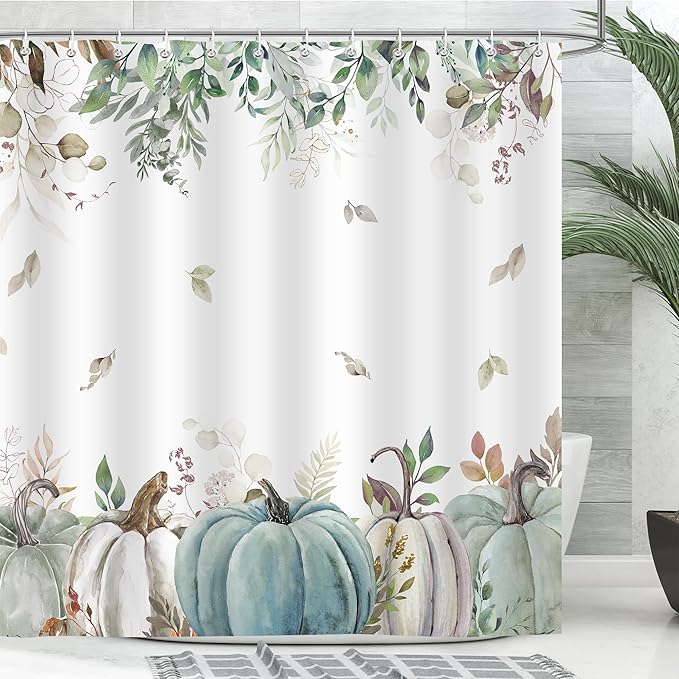 Fall Shower Curtain, Autumn Blue Green Pumpkin Leaves Harvest Thanksgiving Shower Curtains Decor Set, Polyester Fabric Bathroom Accessories Set with Hooks 72X72IN