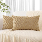 Pallene Light Khaki Throw Pillow Covers 12x20 Set of 2, Soft Plush Faux Fur Decorative Lumbar Couch Pillow Covers for Sofa Bed Living Room Pillow Cases with 3D Diamond Pattern
