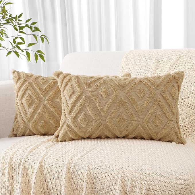 Pallene Light Khaki Throw Pillow Covers 12x20 Set of 2, Soft Plush Faux Fur Decorative Lumbar Couch Pillow Covers for Sofa Bed Living Room Pillow Cases with 3D Diamond Pattern