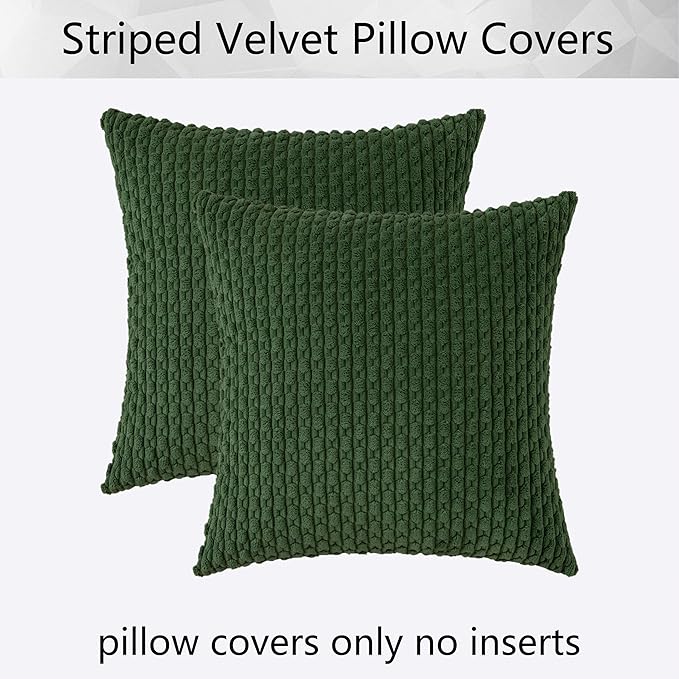 Kevin Textile Christmas Corduroy Decorative Throw Pillow Covers 24x24 Inch Pack of 2 Soft Boho Striped Pillow Covers Modern Farmhouse Home Decor for Spring Sofa Living Room Couch Bed Dark Green