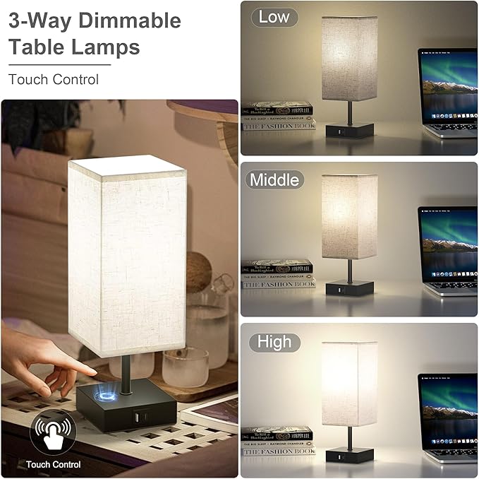 hansang Table Lamp, Touch Bedside Lamps 3 Way Dimmable, USB A&C Charging Port, Small Lamp for Bedroom, Reading Room, 5000K LED Bulb Included
