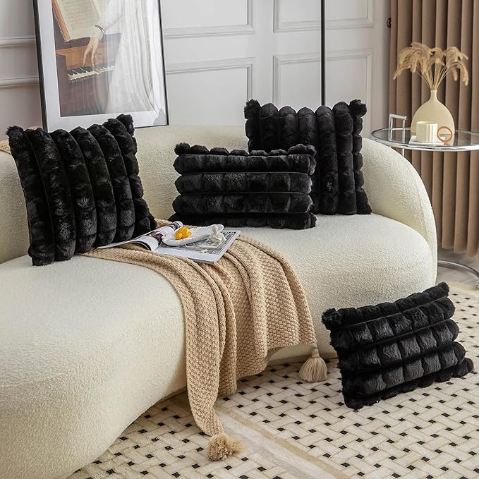 Neelvin Black Faux Fur Cozy Soft Plaid Decorative Throw Pillow Covers 18x18 inch Set of 2,Velvet Pillowcase Cushion Case for Sofa Couch