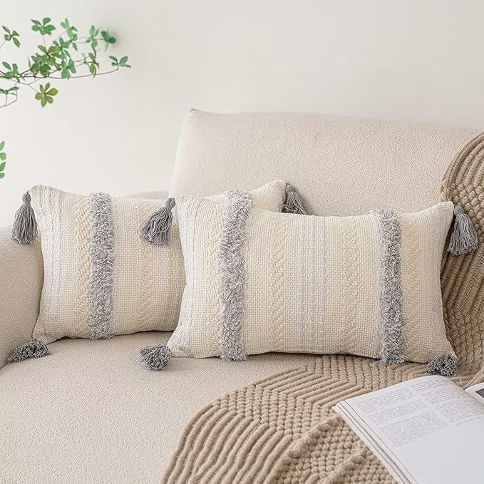 Boho Throw Pillow Covers 12x20 Set of 2 Woven Tufted Farmhouse Pillows Cover with Tassels Textured Striped Cushion Case Lumbar Pillow Cases Decorative Pillowcase for Sofa, Couch, Bed, Light Grey