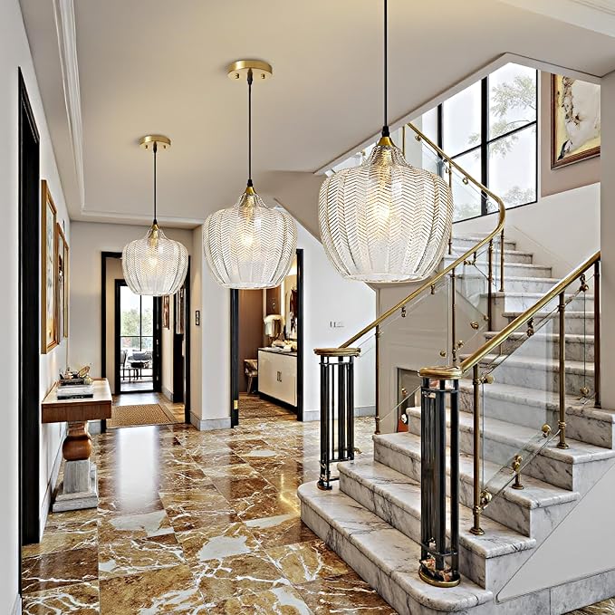 Modern Gold Pendant Light, Clear Glass Farmhouse Kitchen Island Pendant Light Fixture Adjustable Vintage Hanging Ceiling Light for Dining Room Corridor Bedroom 9.45 inch