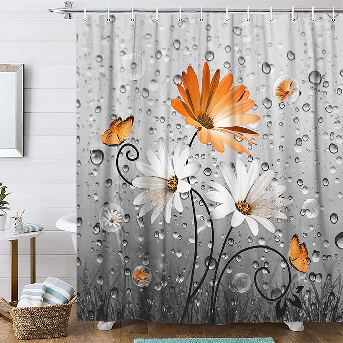 Rustic Farmhouse Orange Floral Shower Curtain with Daisy Flowers and Butterflies, Country Yellow Red Gray Fabric Boho Curtain with 12PCS Hooks, 70X84IN