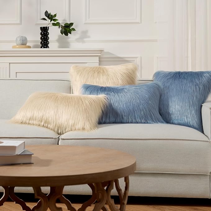 Phantoscope Pack of 2 Faux Fur Throw Pillow Covers Cushion Covers Luxury Soft Decorative Pillowcase Fuzzy Pillow Covers for Bed/Couch, Light Beige 20 x 20 Inches
