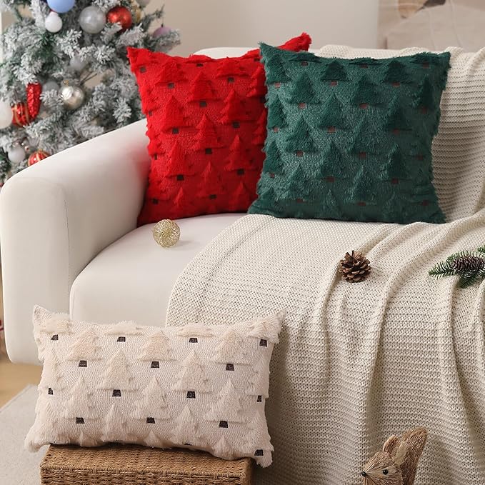 Christmas Pillow Covers 16x16 inch Set of 2 Christmas Decorations Soft Plush Faux Fur Wool Red Xmas Tree Throw Pillow Cases Winter Holiday Decor for Sofa Living Room PT002B16
