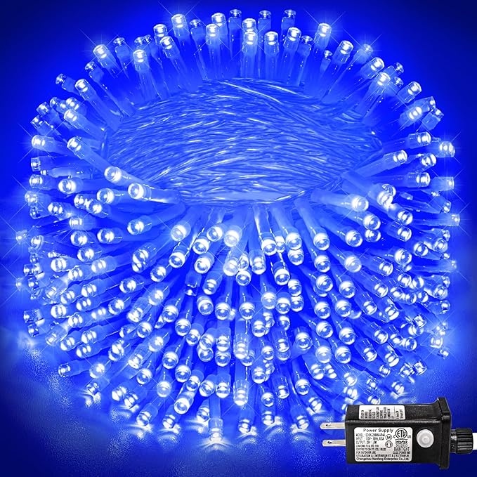 262FT 800 LED Blue Christmas Lights, 8 Modes Clear Wire Blue String Lights Outdoor Indoor for Christmas Bedroom Tree Decorations