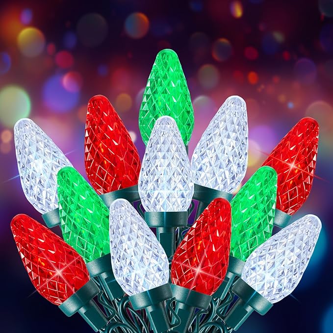Minetom C9 Christmas Lights Outdoor, 100 FT 150 LED Connectable C9 String Lights with 8 Modes and Timer Xmas Tree Patio Garden Yard Holiday Party Indoor Outdoor Decoration, Red, Green and White