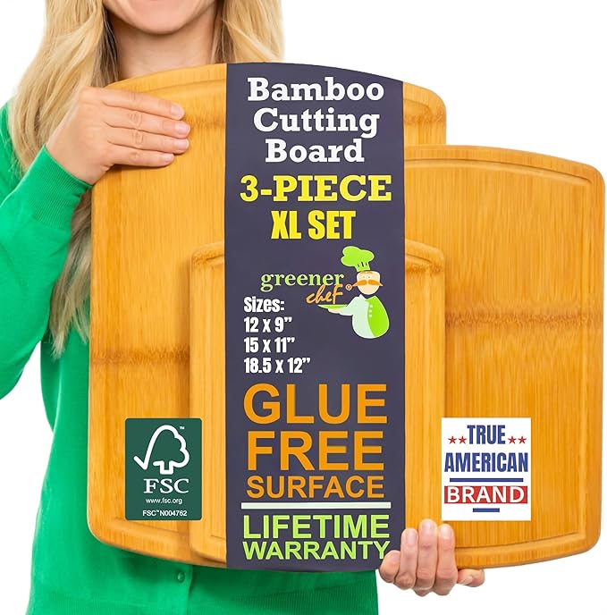 Extra Large Bamboo Cutting Board Set – Glue-Free Surface for Chopping Vegetables, Carving Meat, Slicing Bread, and Serving Cheese & Charcuterie for Safer Family Meal Prep – For Health Conscious Chefs