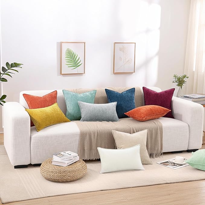 decorUhome Fall Couch Throw Pillow Covers 22x22 Set of 2, Decorative Soft Euro Neutral Chenille Pillow Covers with Elegant Design for Sofa Bed Living Room Home Decor, Rust