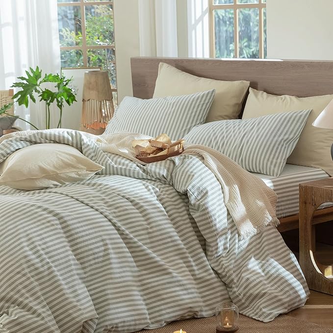 MooMee Striped Duvet Cover Set 100% Washed Cotton Linen Like Textured Breathable Durable Soft Comfy (Sage Green White Classic Stripes, Oversized King Plus 128"x120")