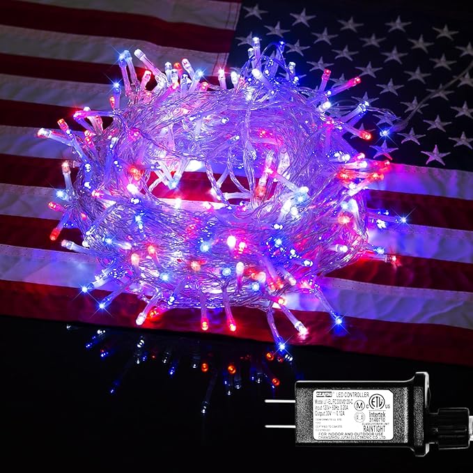 ILLUMINEW 4th of July Decorations 300 LED Red White and Blue String Lights Plug-in, 8 Modes 108ft Independence Day Fairy Lights for Patriotic Party Decor Indoor Outdoor
