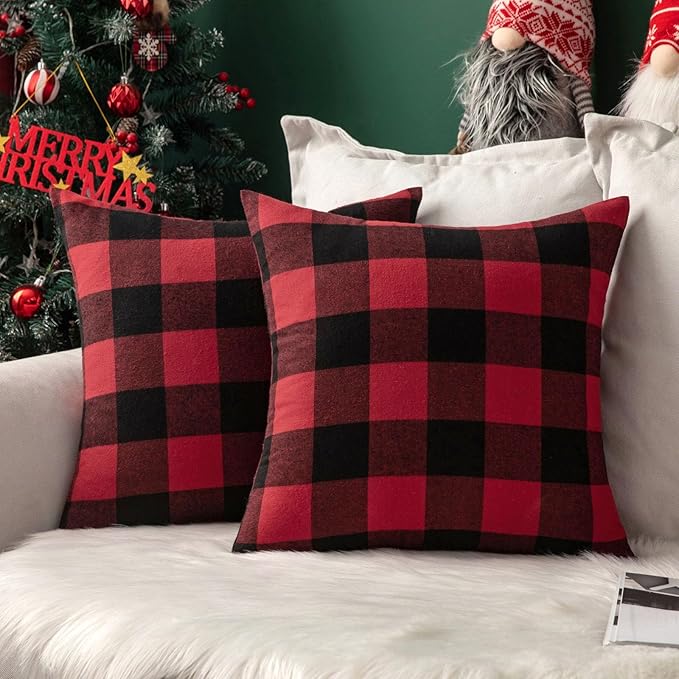 MIULEE Pack of 2 Classic Retro Checkers Plaids Polyester Linen Soft Solid Black and Red Decorative Porch Throw Pillow Covers Home Decor Design Cushion Case for Sofa Bedroom Car 26 x 26 Inch