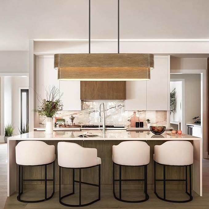 37.5 Inch Farmhouse Kitchen Island Lighting 4-Light Rectangle Dining Room Light Fixture Large Linear Chandelier with Wood Grain Finish for Dining Room Kitchen Bar Pool Table