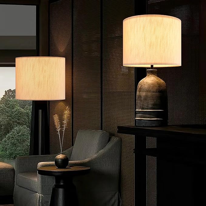 Beige Bamboo Knot Linen Textured Lamp Shades Set of 2 Large Drum Lamp Shade 16``Top x 16``Bottom x 12``High(Spider) Farmhouse Lampshade for Table Lamp & Bedside Lamp - Replacement Lampshade