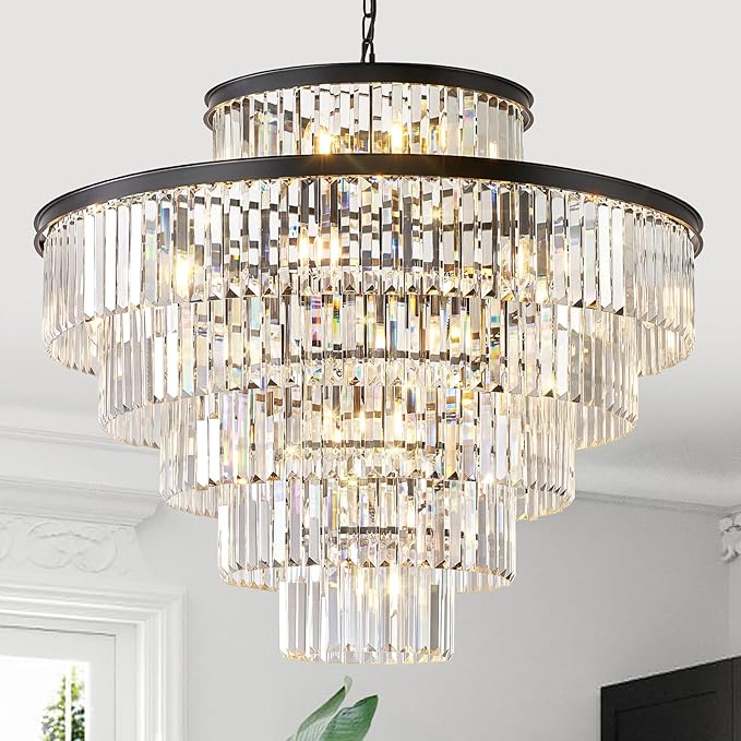 Large Crystal Chandeliers 23 Lights 36" Modern Black Luxury Chandelier for Foyer Staircase Chandeliers 6 Tiers Round K9 Ceiling Pendant Lighting Fixture for Living Dining Room