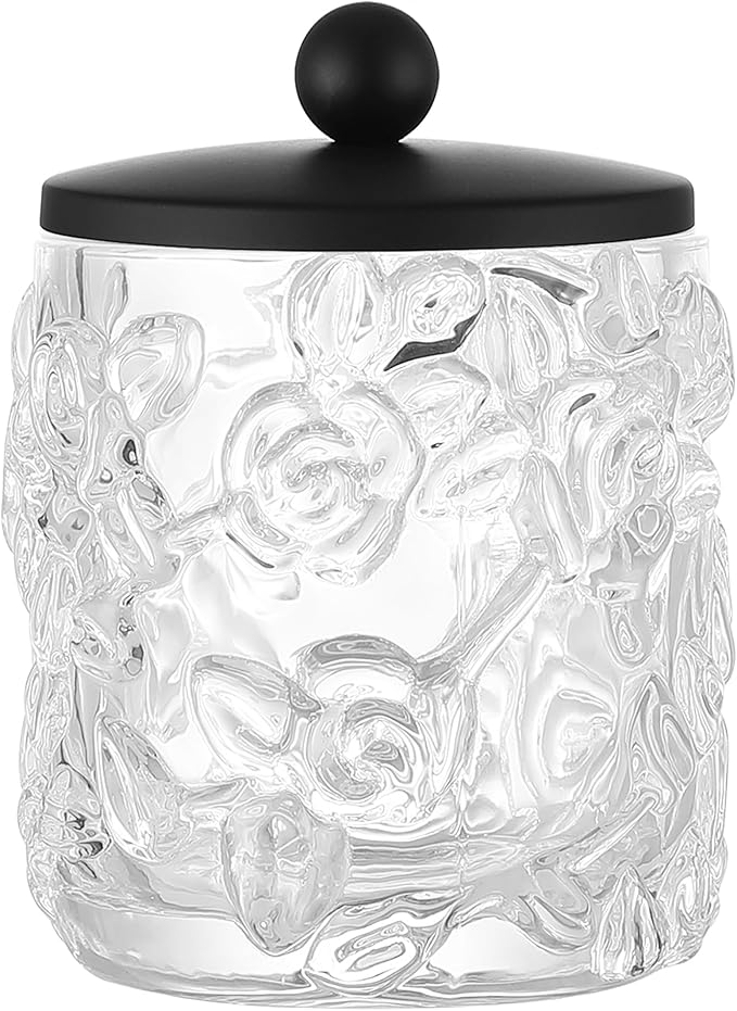 Home Glass Cotton Jar Holder Matte Black Lid, Elegant Bathroom Storage Canister for Qtips, Cotton Balls, Floss, Makeup Organizer, Vanity Bathroom Organization (UPDATED BLACK)