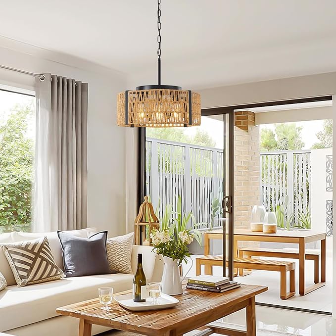 Rattan Chandelier,4-Light Chandeliers for Dining Room Hand Woven Rattan Light Fixture Farmhouse Chandelier for Kitchen Island Bedroom, Living Room, Entryway, Foyer (E26 Bulbs Not Included