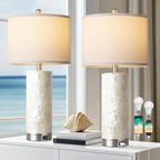 PARTPHONER Coastal Table Lamps for Living Room Set of 2, Bedside Lamps with Night Light, USB A+C Ports, 4-Way Rotary Switch, Seashell Nightstand Lamps for Bedroom and Home Office(LED Bulbs Included)