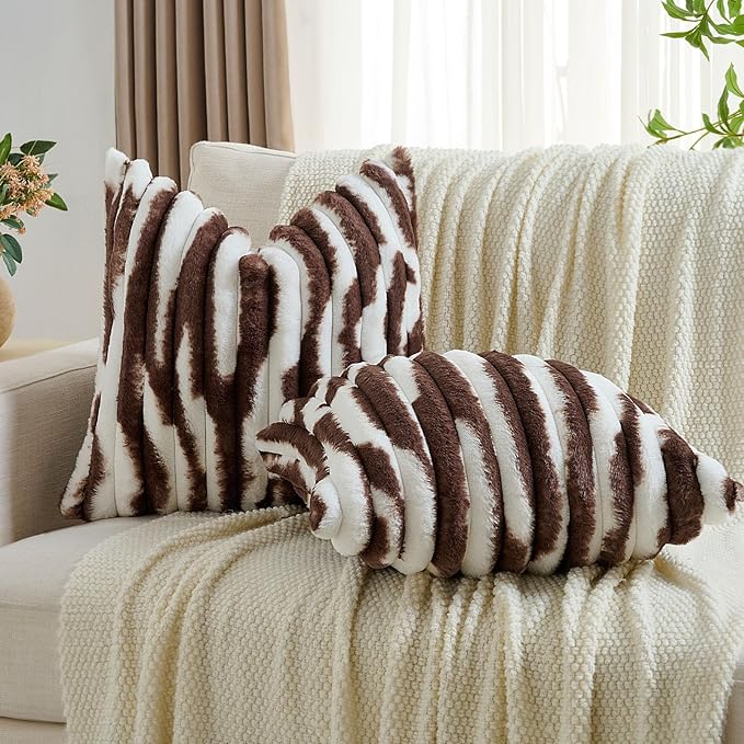 FUTEI Dark Coffee Decorative Throw Pillow Covers 26x26 Inch Set of 2, Soft Tie-Dye Faux Rabbit Fur Striped Texture Euro Pillow Sham, Modern Home Decor for Couch Bed Living Room