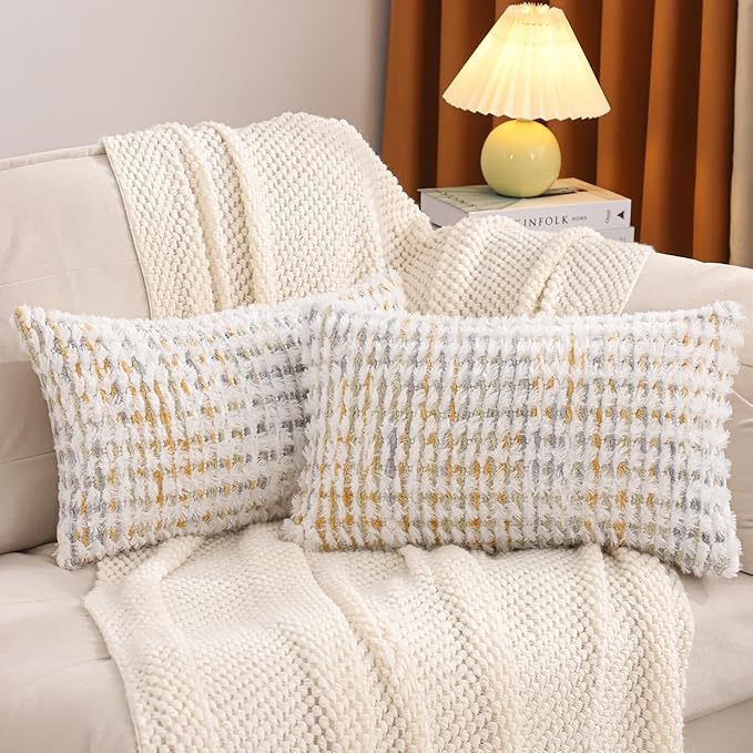 LUOYEHK Boho Throw Pillow Covers 12x20 Inch Set of 2 Chenille Tufted Pillowcase Farmhouse Neutral Lumbar Cushion Covers for Couch Sofa Bed Living Room, Yellow White