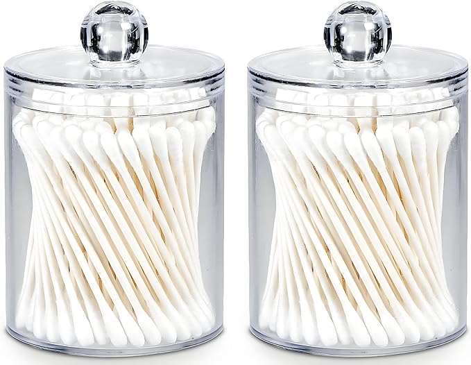 AXX Qtip Dispenser Apothecary Jars Bathroom - Qtip Holder Storage Canister Clear Plastic Jar for Cotton Swab,Q-Tips,Cotton Rounds (Clear 2Pcs)