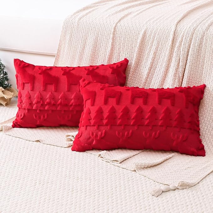 OTOSTAR Set of 2 Xmas Soft Plush Short Wool Velvet Decorative Throw Pillow Covers Rectangular Luxury Style Cushion Case Pillow Shell for Sofa Bedroom Christmas Tree and Elk Red, 12x20 Inch