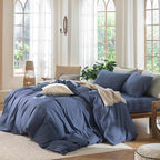 MooMee Bedding Duvet Cover Set 100% Washed Cotton Linen Like Textured Breathable Durable Soft Comfy (Heathered Blue, Full 80"x90")