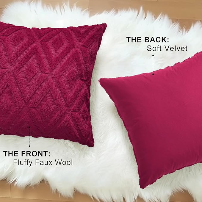 decorUhome Christmas Couch Throw Pillow Covers 12x20 Set of 2, Decorative Soft Plush Faux Wool Lumbar Neutral Accent Pillow Covers for Bed Sofa Living Room, Burgundy