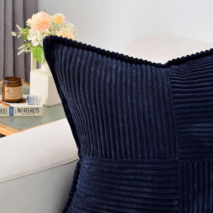 HAUSSY Navy Blue Throw Pillow Covers 12x12 Inch Set of 2,Soft Solid Corduroy Striped/Wide Bordered,Square Decorative Cushion Case,Winter Home Decorations for Couch,Bed