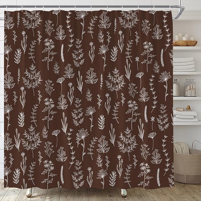 Brown Herbs Shower Curtain Boho Floral Retro Botanical Vintage Farmhouse Cute Leaves Plant Flowers Bathroom Curtain Set with Hooks(78" Wx70 H)