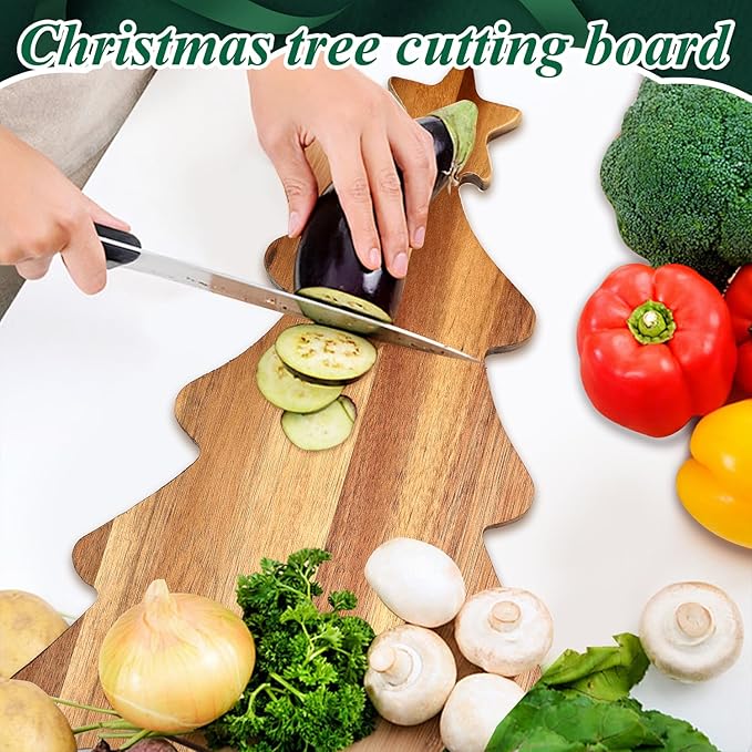 16.5" Wooden Christmas Tree Charcuterie Boards Acacia Wood Cutting Board with Handle Christmas Kitchen Decor Gifts Xmas Serving Cheese Board Festive Decorative Food Tray Holiday Xmas Tree Platters