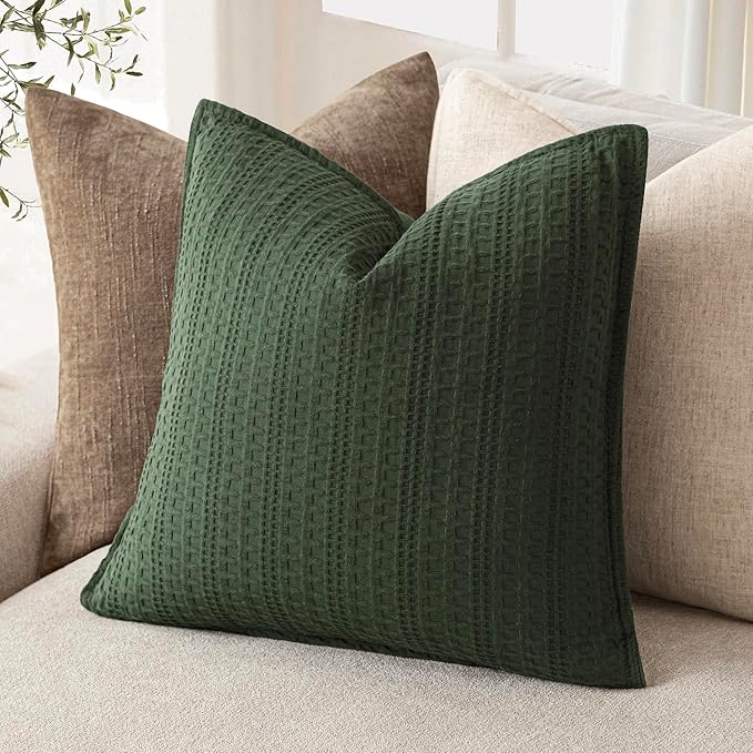 Foindtower Set of 2 Decorative Cotton Waffle Weave Throw Pillow Covers Euro Shams Cushion Covers Accent European Pillowcase for Bed Couch Sofa Bedroom Living Room Home Decor 26×26 Inch Dark Green