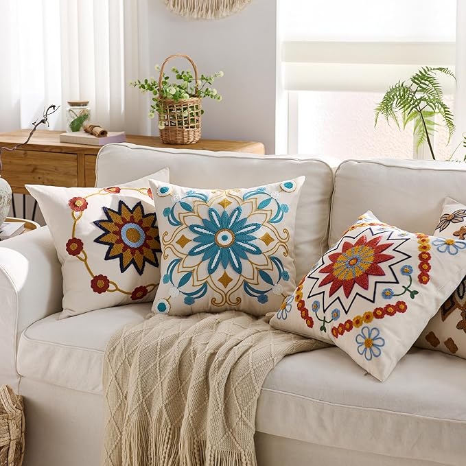 Embroidered Throw Pillow Cover 20x20 Classic Boho Floral Pattern Pillows Cover Outdoor Decorative Pillowcase,Durable Cozy Textured Cushion Case for Sofa Couch Bed Living Room,Teal