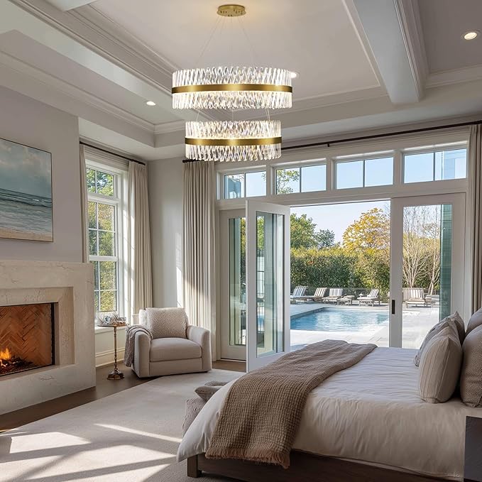 Modern Crystal Chandeliers, Double Tier 32"+24" Large High Ceiling Chandelier. Elegant Crystal Chandelier Hangs from The Ceiling of The Living Room, Stairwell, and Foyer.