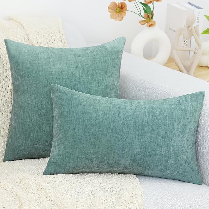 decorUhome Chenille Aqua Haze Throw Pillow Covers 22x22 Inch Set of 2, Decorative Soft Couch Pillow Covers Solid Dyed Accent Velvet Farmhouse Neutral Square Pillow Cases for Sofa Bed Living Room
