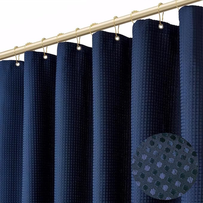 Boho Shower Curtain Set, Waterproof Fabric Shower Curtains, Luxury Hotel Style, Waffle Texture, Heavy Duty, Extra Long Bath Curtain, No Hook, Bathroom Decor, 72x84 Inch, Blue