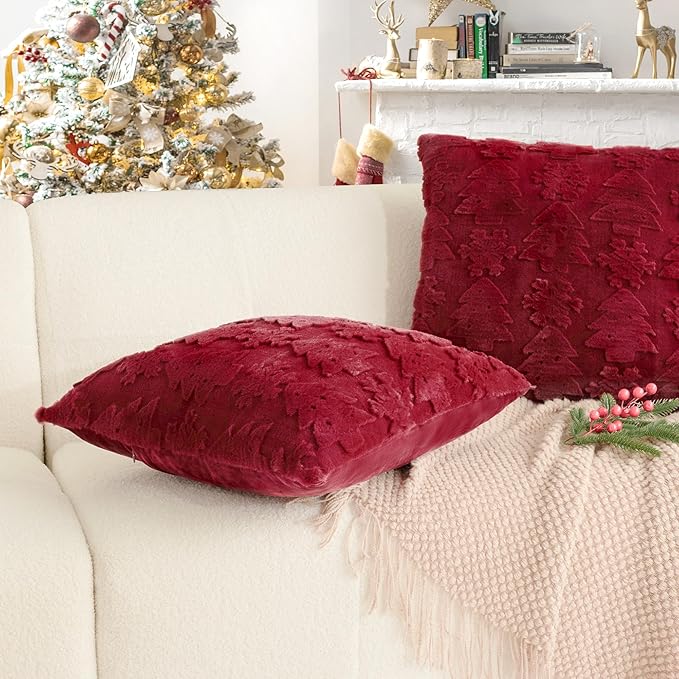 Christmas Pillow Covers 18x18, Soft Faux Rabbit Fur Throw Pillow Covers with 3D Embroidery Christmas Tree and Snowflake Design for Winter Holiday Home Decor, Couch Sofa Bedroom, Red