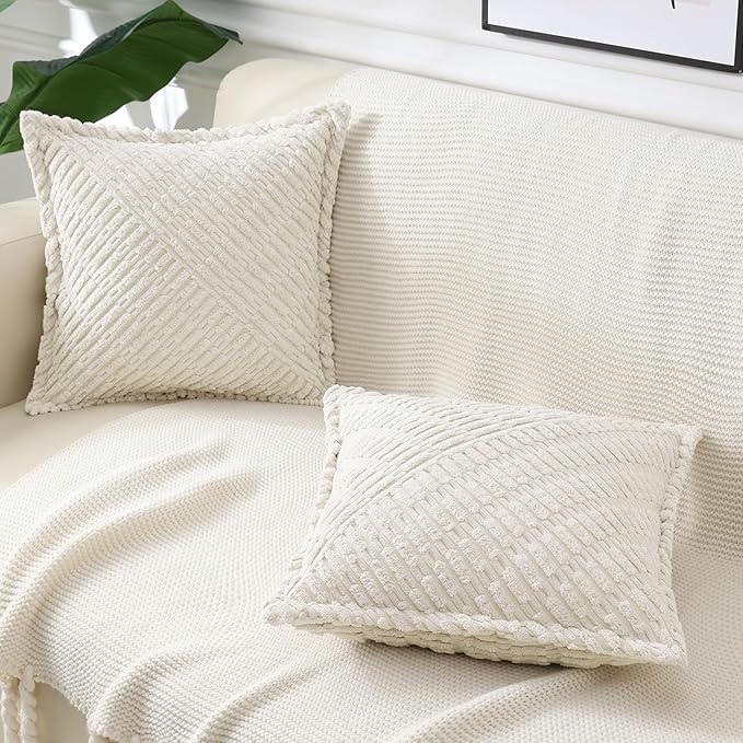 decorUhome Decorative Cream White Fall Throw Pillow Covers 22x22 Set of 2 with Splicing, Boho Soft Neutral Corduroy Broadside Twill Pillow Covers for Couch Bed Sofa Living Room
