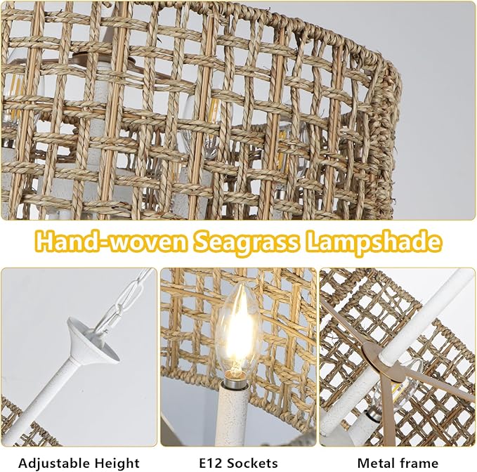LynPon 17.7" White Boho Rattan Chandelier for Dining Room, 6-Light Boho Rattan Light Fixture with Hand Woven Wicker Shade, Coastal Vintage Chandelier for Living Room Kitchen Bedroom Entryway Hallway