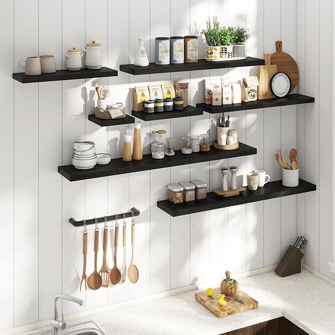 Floating Shelves for Wall with Invisible Brackets, Wall Mounted Engineered Wood Shelves with Wood Grain for Living Room, Bedroom, Bathroom, Kitchen Decor and Storage, Oak, 36"L Set of 2, Black