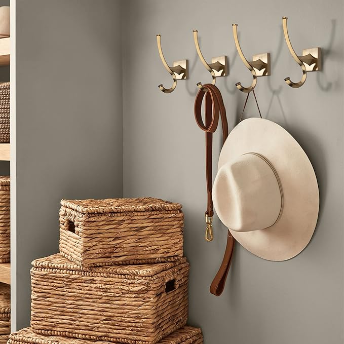 TUNNY 4 Pack Vintage Wall Hooks-Champagne Gold Coat Hooks Towel Hook for Hanging Heavy Duty Bathroom Hook Hat Hook Double Wall Mounted Coat Hanger