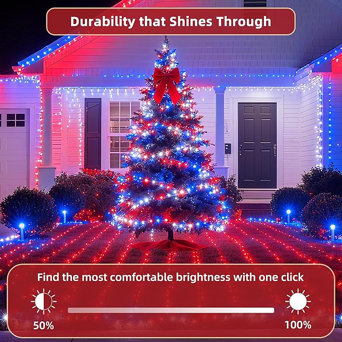 240ft Outdoor Christmas Lights, 750 LED Super Long String Lights 12 Modes & Timer Memory, Dimmable Waterproof Light Strings for Xmas Room Garden Wedding Party Holiday Decorations Red White & Blue