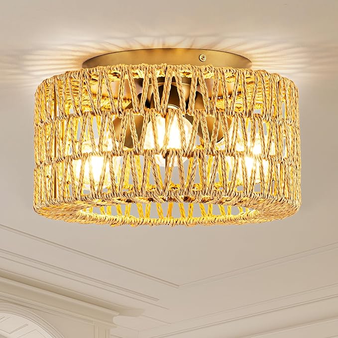 MAYNA 3-Light Boho Light Fixtures Ceiling Mount, Hand-Woven Chandelier Light Fixture,Farmhouse Rattan Flush Mount Fixture for Hallway Bedroom Kitchen Living Room Entryway